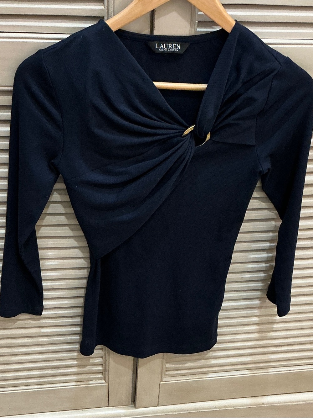 Lauren Ralph Lauren Navy Long Sleeve Twist Top with Gold Ring - Picture 3 of 3